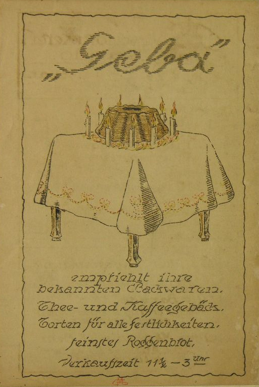 Werbung der Geba auf der Rückseite des „Führer durch die Ausstellung für Bildkunst und Handfertigkeit, Kriegsgefangenenlager Bando, 1918“ (Signatur B 01)
