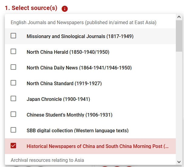 Auswahl der Quellen, auf der die Suche basieren soll: Sektion "Newspapers and Journals"
