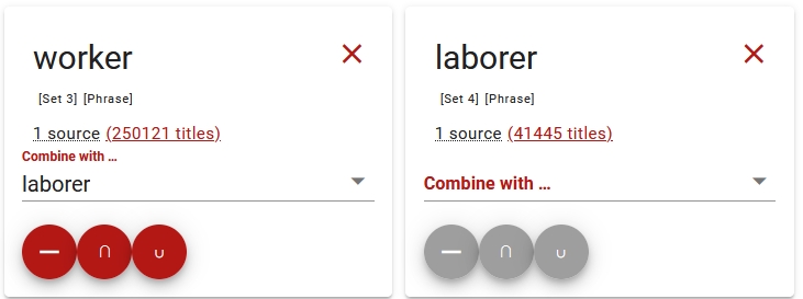 Zwei Treffersets des ITR Explorer: links "worker", rechts "laborer"