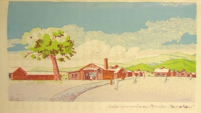 Fig. 1: View of Bandō’s ‘commercial district’ Tapatau with the camp bakery “Geba” visible. Note the stylistic influence of Japanese woodblock (ukiyo-e) prints. Die Baracke II, no. 22 (25 August 1918). SBB-PK. Bandō-Sammlung A 2-2.