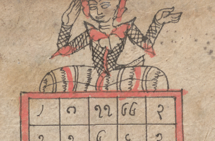 Darstellungen astrologischer Berechnungen in myanmarischer Handschrift in Shan-Sprache und Abbildungen von Tierkreiszeichen, Apsaras oder Dämonen, wie sie in Myanmar bis heute verbreitet sind (Ausschnitt)