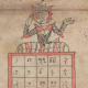 Darstellungen astrologischer Berechnungen in myanmarischer Handschrift in Shan-Sprache und Abbildungen von Tierkreiszeichen, Apsaras oder Dämonen, wie sie in Myanmar bis heute verbreitet sind (Ausschnitt)